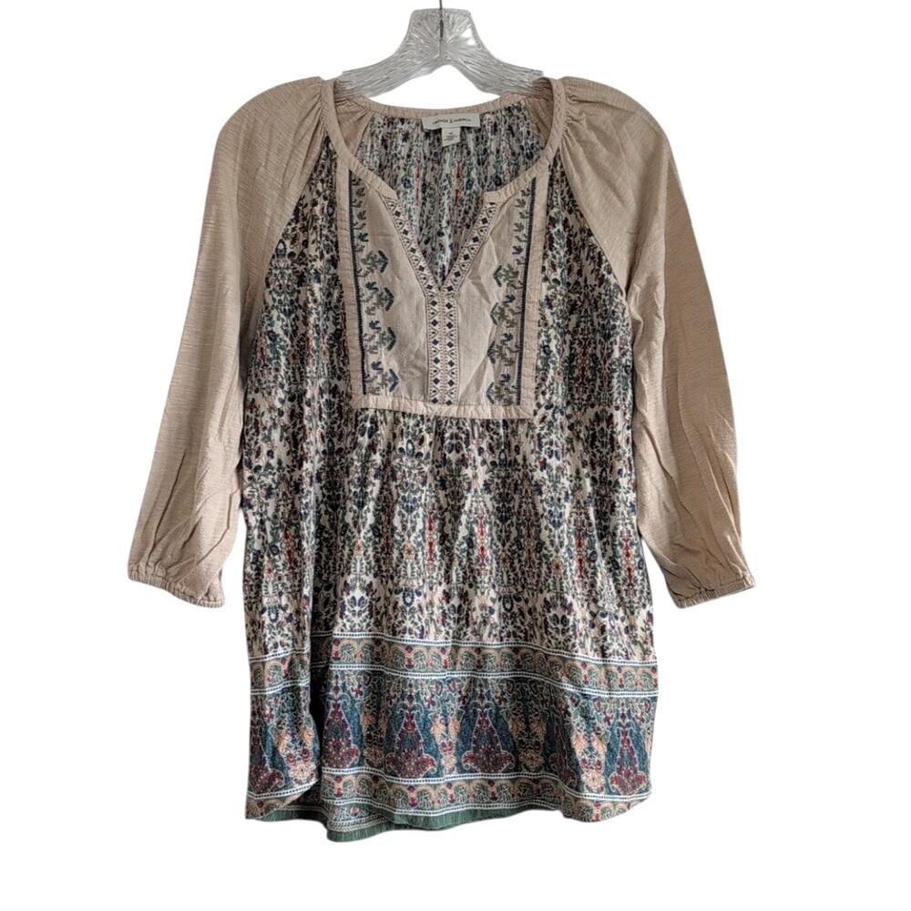 Vintage America Split Neck Peasant Top 3/4 Sleeves Medium Boho Casual Festival